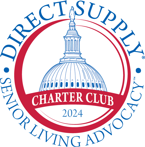 Emblem features Capitol dome with "Direct Supply Senior Living Advocacy Charter Club 2024" in blue and red text encircling the illustration.