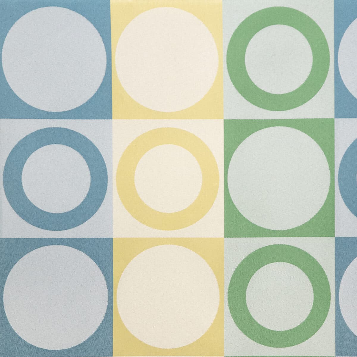 Abstract geometric pattern with blue, yellow, and green circles inside squares arranged in a grid. Pastel colors create a retro aesthetic.