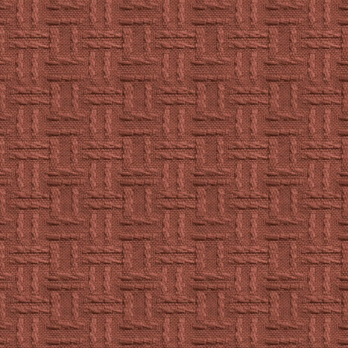 This image shows a red woven fabric with a textured, interlocking pattern resembling square shapes and diagonal lines, creating a visually appealing design.