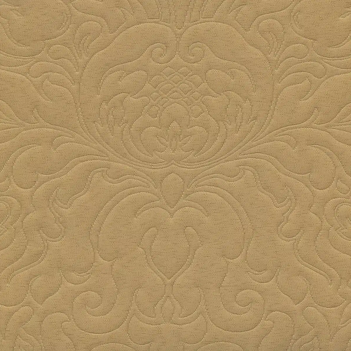 A detailed beige pattern featuring symmetrical, ornate floral and scroll motifs, reminiscent of classic damask design, conveying elegance and timeless style.