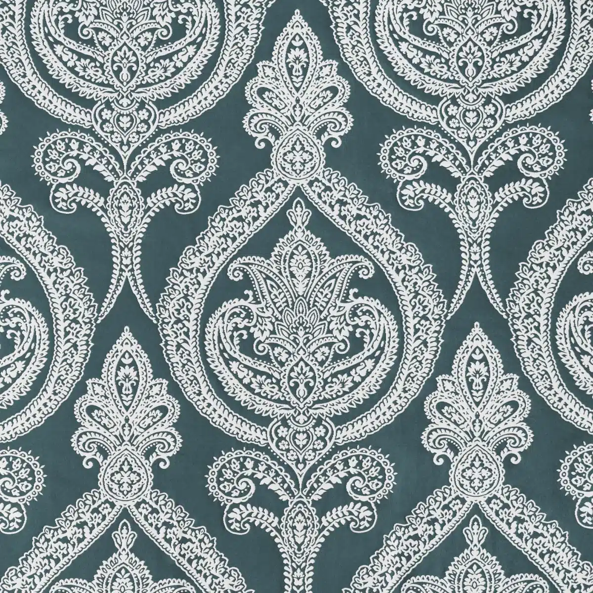 Intricate white damask pattern on a teal background, showcasing symmetrical floral and ornamental designs, exuding elegance and classic style.