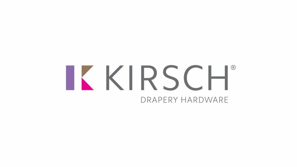 Logo of Kirsch Drapery Hardware with stylized "K" in purple, brown, and pink on white background, featuring modern typography for brand identity.