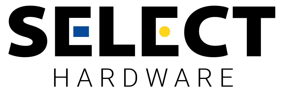 The image displays a logo with the words "SELECT HARDWARE" in bold black letters, featuring a blue square and a yellow circle.