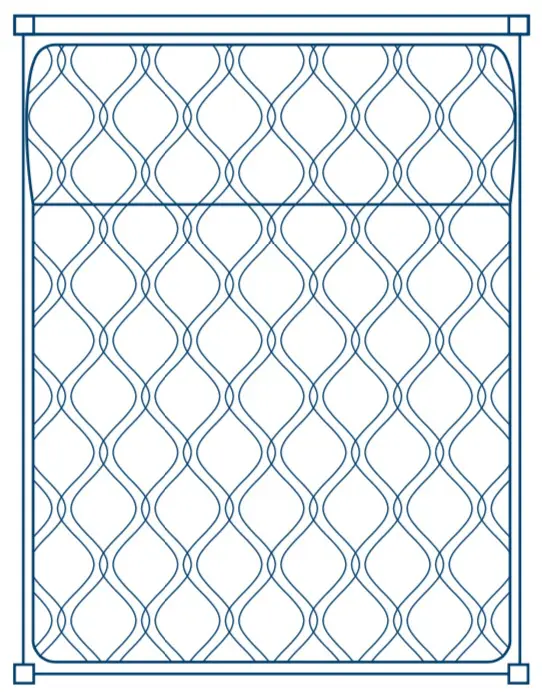 A diagram of a quilt pattern featuring interlocking lines and diamond shapes, enclosed within a rectangular border, creating a structured, geometric design.