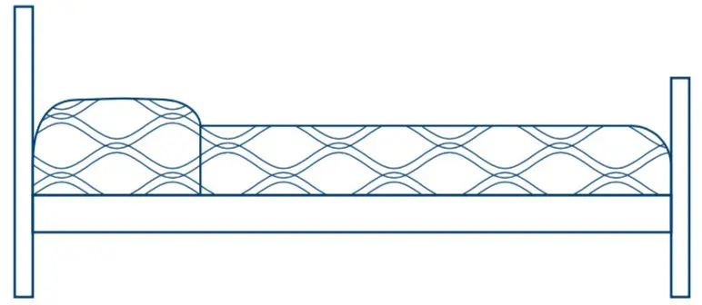 Line drawing of a bed with a patterned mattress and pillow, featuring simple vertical headboard and footboard lines in blue outline.