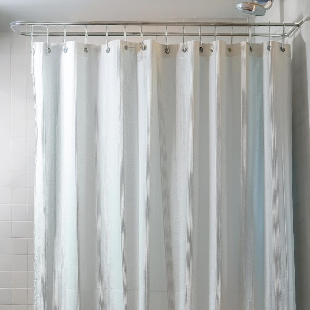 A white shower curtain hangs on a curved rod in a tiled bathroom shower area, partially concealing the interior.