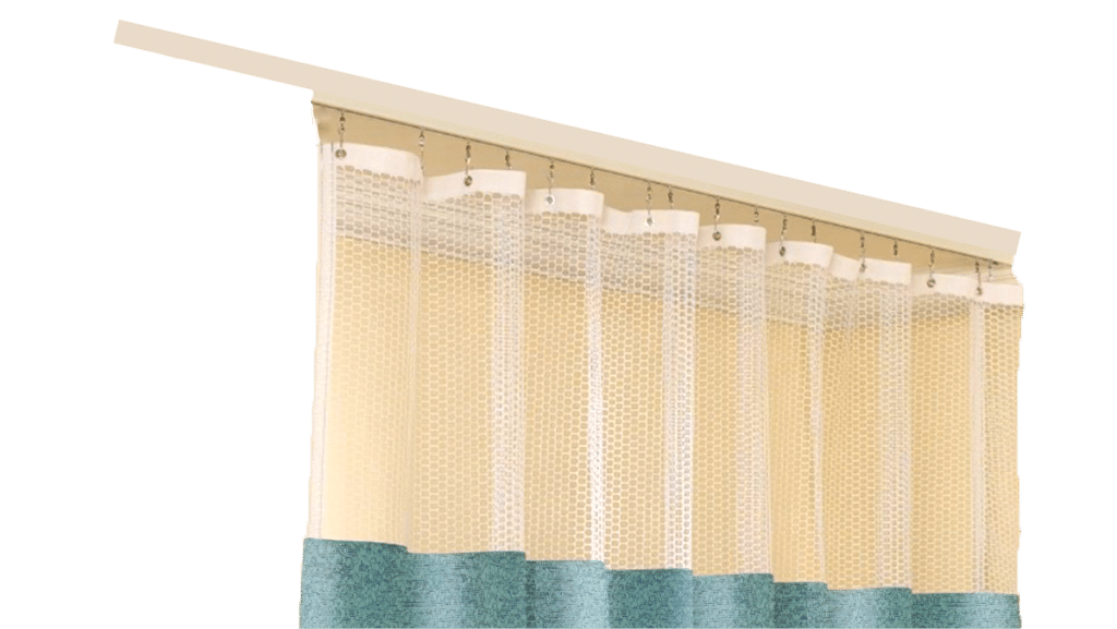 A hospital curtain, with a beige and blue design, hangs from a metal track, featuring privacy mesh at the top.