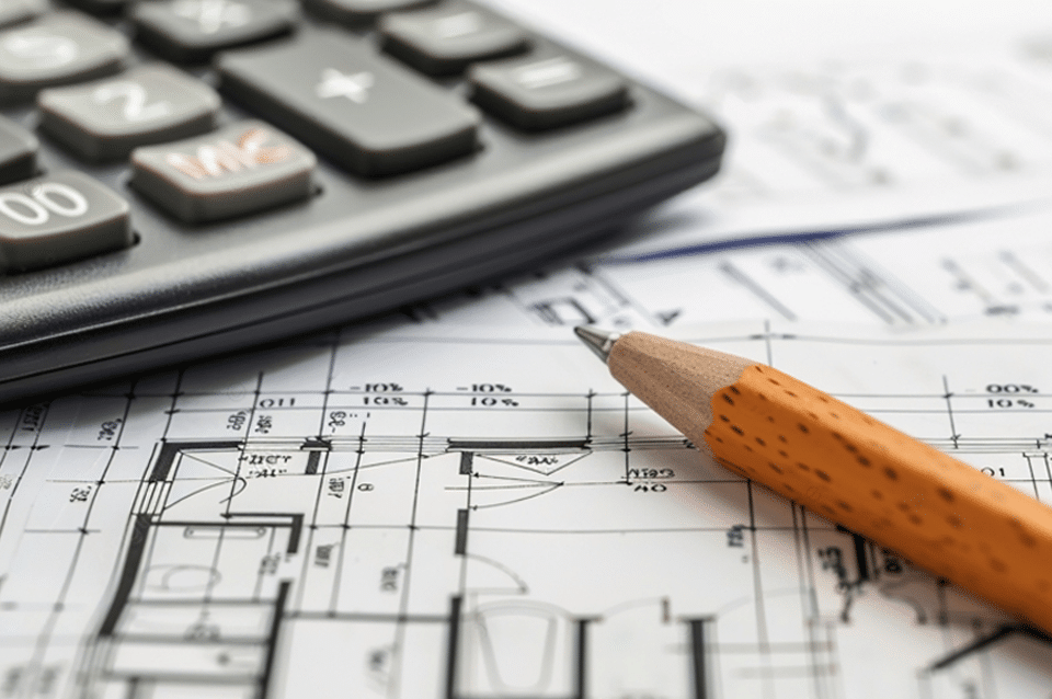 Calculator and pencil on architectural plans, illustrating tools of an architect or engineer focused on designing and planning buildings with precise measurements.