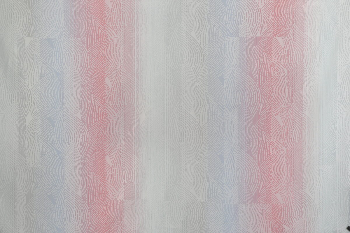 Abstract pattern with vertical red, white, and blue stripes, featuring intricate, swirling designs resembling fingerprints. No recognizable landmarks or historical buildings.