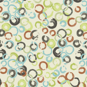 Abstract pattern of colorful, overlapping circular brushstrokes in green, blue, brown, and black on a beige background, creating a vibrant, dynamic design.