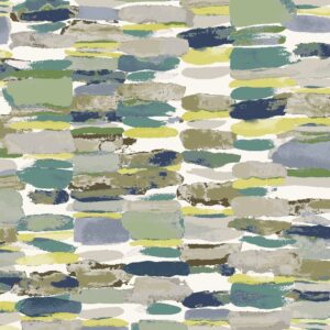 Abstract painting featuring broad brushstrokes in green, blue, and beige shades, layered against a white background. No recognizable landmarks or figures.