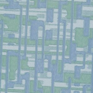 Abstract geometric pattern in shades of blue and green, featuring interlocking rectangles and lines creating a textured, modern design. No people present.
