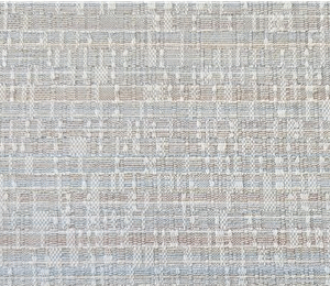 This image features a woven textile pattern in neutral tones, showcasing an intricate design with horizontal and vertical lines.