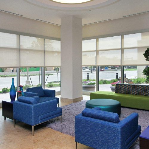 A modern lobby with blue armchairs, green sofa, plants, and decorative vases. Large windows overlook a street view with greenery.