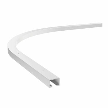 Curved white metal track with a U-shaped channel, featuring small holes along its length. Simple design, possibly for curtain hanging.