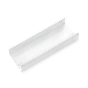 White, rectangular shelf bracket with a minimalist design. It features raised edges on both sides, placed against a plain white background.