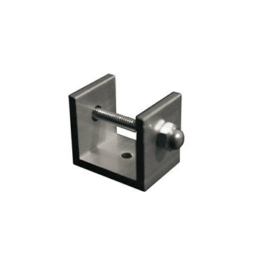 A small, metallic U-shaped clamp with a threaded screw mechanism. It is designed for securing or holding objects in place.